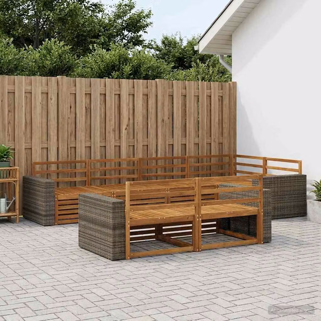 Set di divani da esterno vidaXL a forma di L in legno di acacia marrone con 7 pezzi e cuscini inclusi