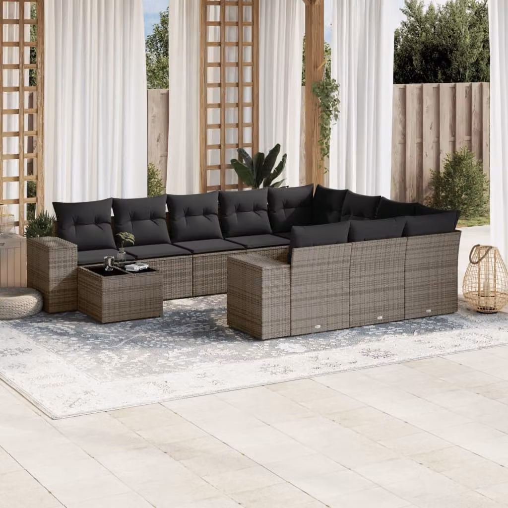 Set di Divani da Giardino vidaXL 11 pz in Polyrattan Grigio con Cuscini e Tavolino da Esterno a Forma di L – 1