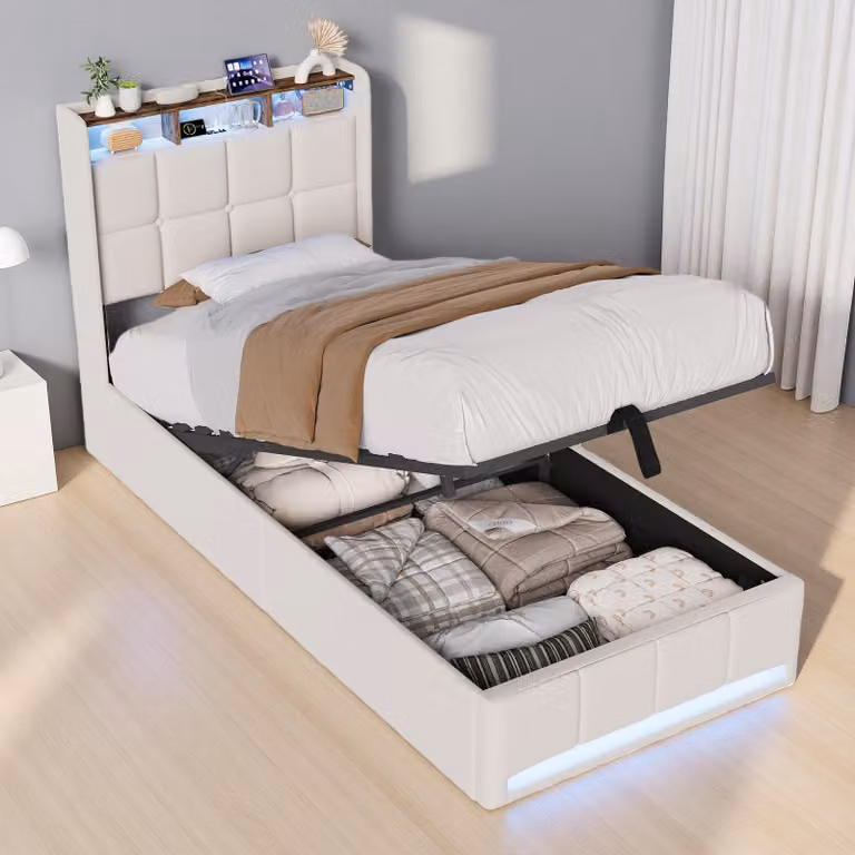 Letto imbottito ProximaX 90x200 cm in tessuto di lino beige, letto contenitore pneumatico con illuminazione a LED e stazione di ricarica USB
