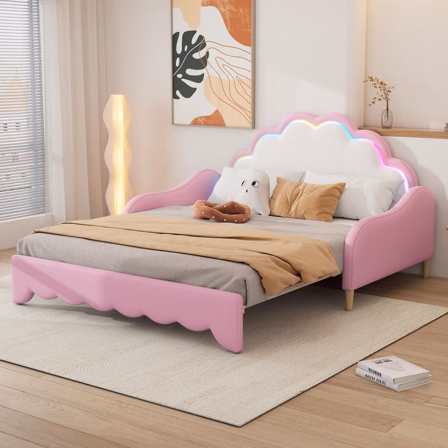 Divano letto 140 x 198 cm, trasformabile in letto, con poggiatesta dotato di illuminazione LED con cambio colore e controllo tramite app, realizzato in PU/MDF, colore rosa