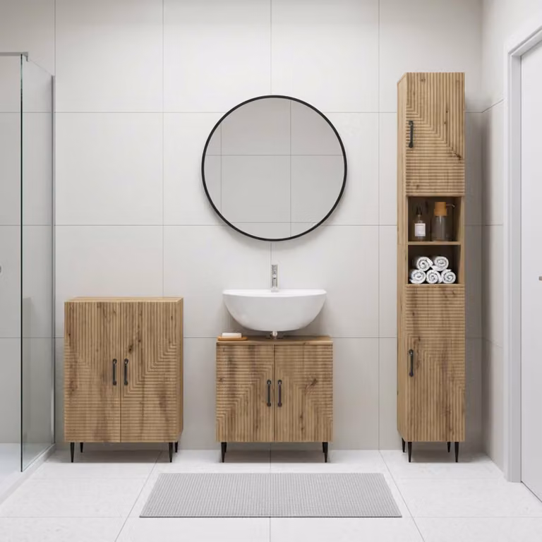 Set di armadietti da bagno moderni vidaXL HAARLEM in legno marrone, composto da 3 pezzi con mobile lavabo e pensili