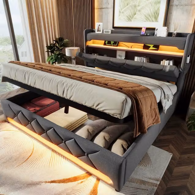 Letto matrimoniale imbottito 140x190 cm con contenitore, testiera con porte USB e Type-C, illuminazione LED 360°, struttura grigia in lino senza materasso