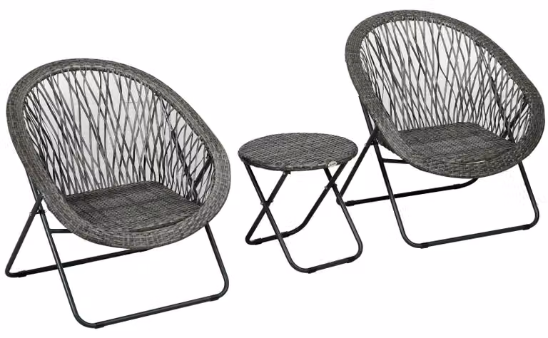 Set di mobili da giardino, 3 pezzi, effetto rattan, 2 sedie, 1 tavolo, pieghevole, grigio