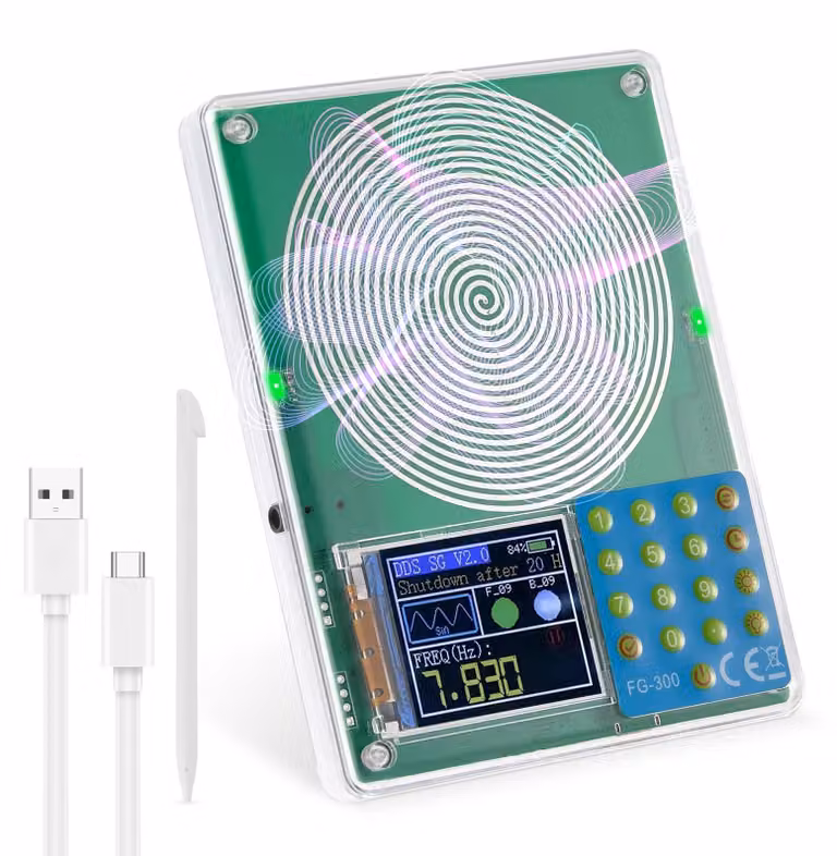 Generatore di frequenza da 7,83 Hz, con intervallo da 0,01 Hz a 200 kHz, dotato di 13 forme d'onda e alimentato da una batteria da 1000 mAh