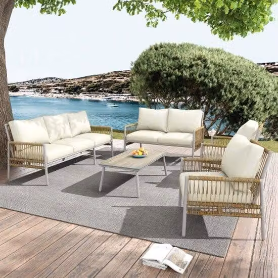 Set da giardino a 7 posti, 7 posti a sedere, 1 tavolo da salotto, rattan in PE, tubi in acciaio zincato, vetro temperato (effetto legno massello), cuscini di seduta sfoderabili e lavabili, beige