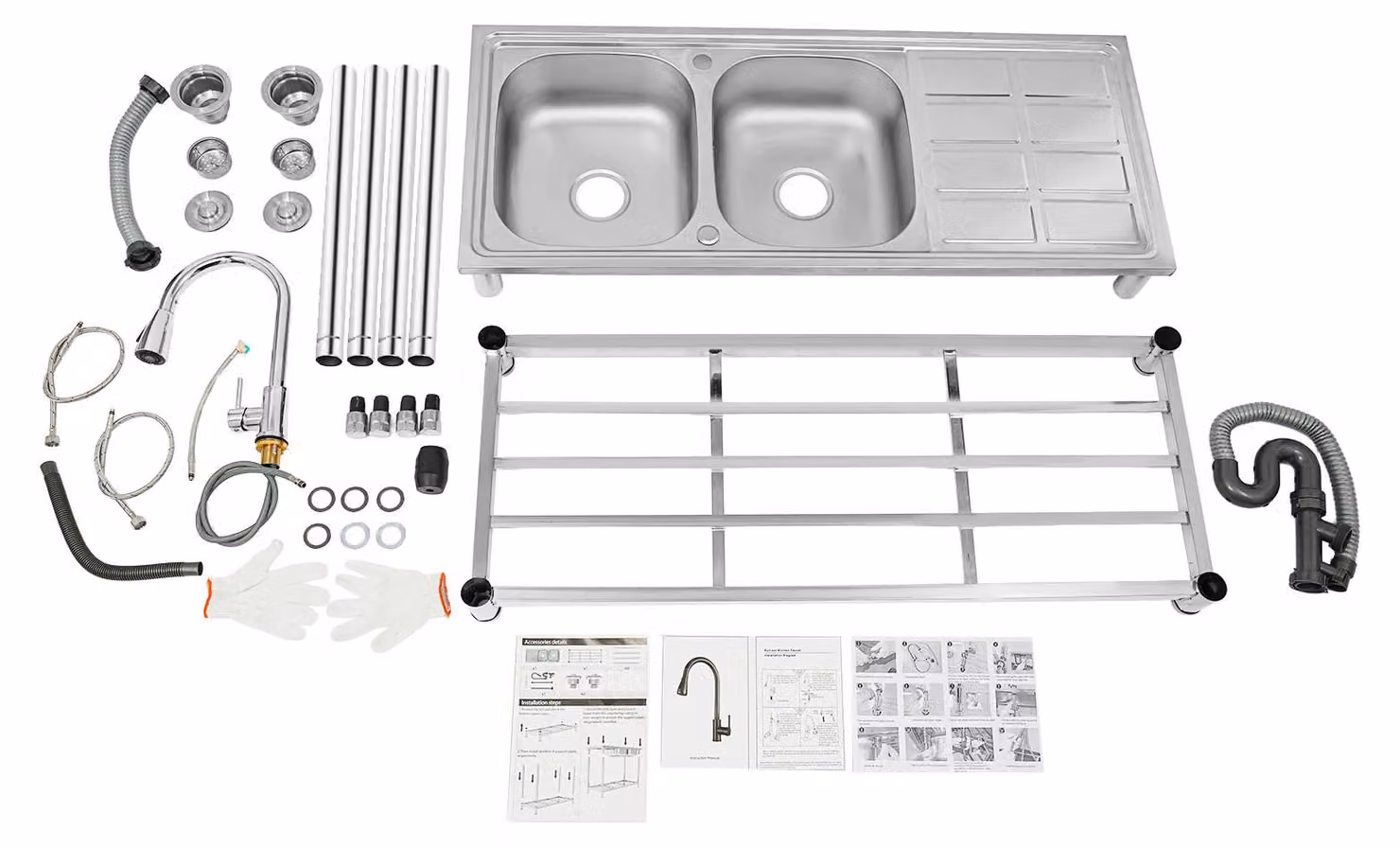 Lavello da cucina a due vasche - Argento - 120 cm - Acciaio inossidabile - Miscelatore estraibile