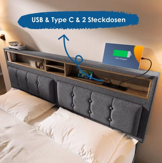 Letto matrimoniale imbottito 140x200 cm con 4 cassetti e porta USB Type-C, testiera regolabile in altezza, rete in legno