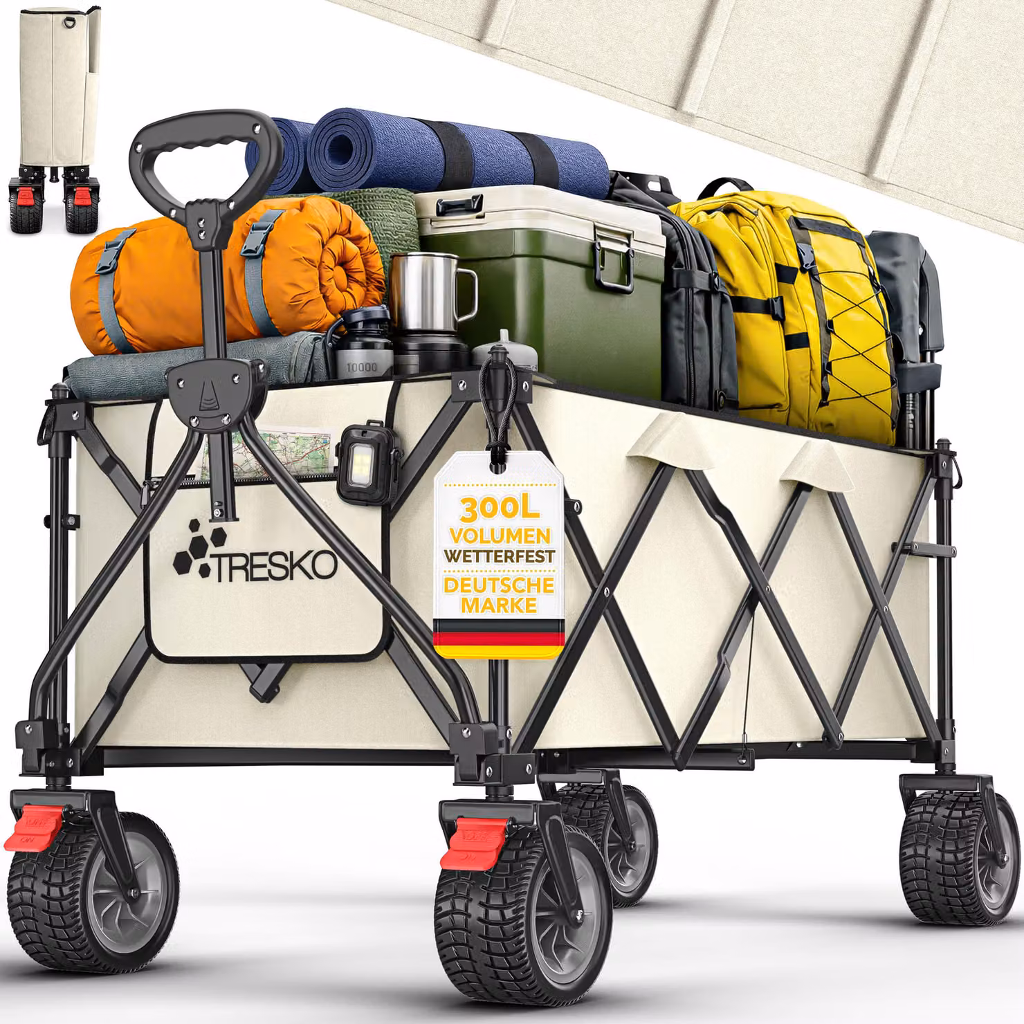 Carretto pieghevole TRESKO® da 300 litri con freno, beige | Carrello pieghevole da 150 kg con ruote in gomma piena | Carrello da spiaggia pieghevole con ruote fuoristrada extra larghe | Carrello da giardino con borsa per il trasporto inclusa