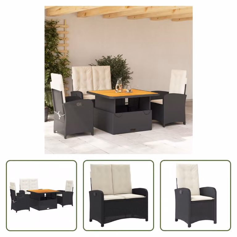 The Living Store Set da pranzo da giardino 4 pezzi con cuscini in poly rattan nero