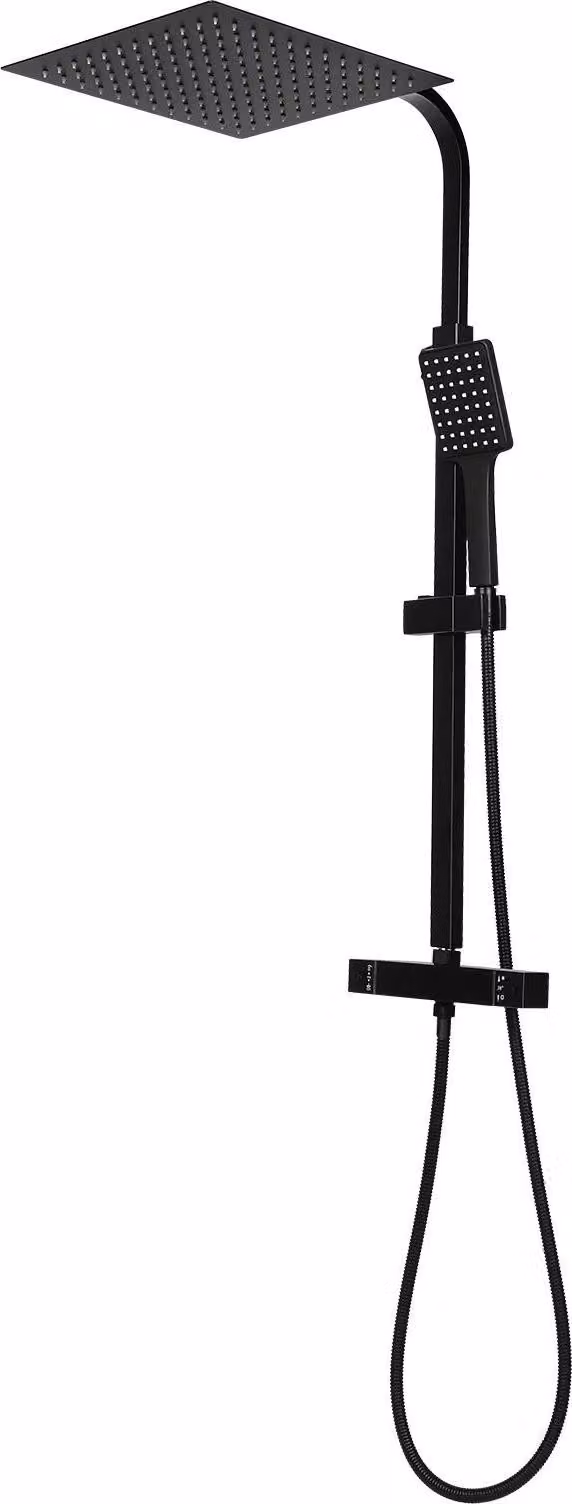 Sistema doccia - Miscelatore termostatico - Montaggio a parete - Soffione quadrato - Doccetta - Ottone - Nero