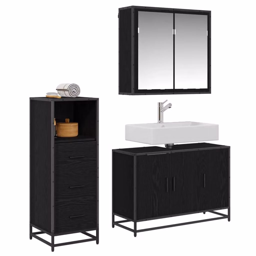 Set di mobili per il bagno vidaXL 3 pezzi in rovere e nero con armadietto a specchio, mobile lavabo e pensile a parete – 2