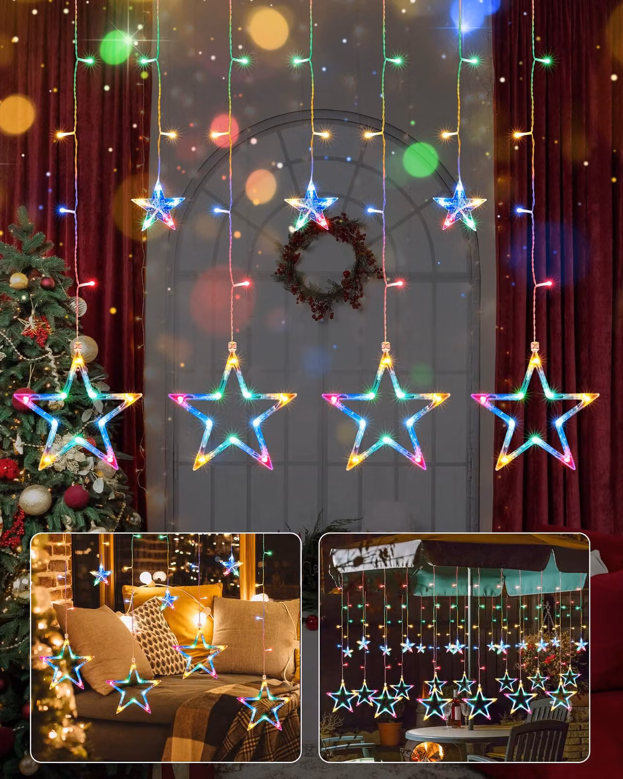 Tenda luminosa con 138 LED, dimensioni 2,4 x 1 metro, 12 stelle, timer, per uso interno
