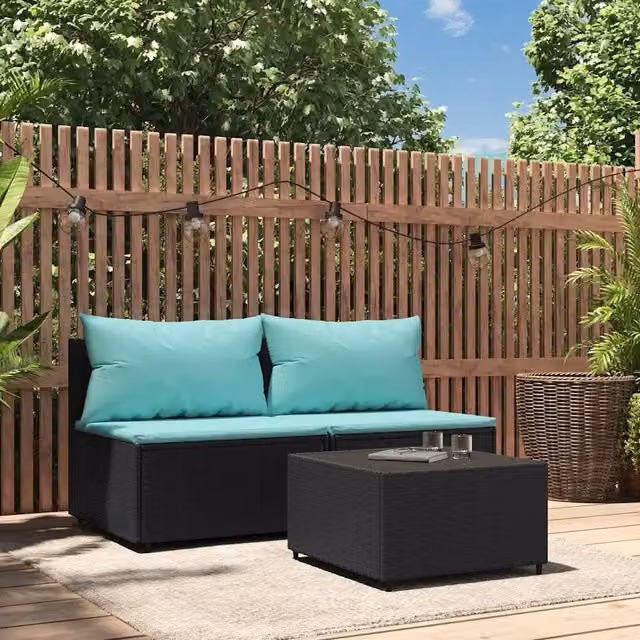 Set da giardino moderno vidaXL composto da divano a 2 posti e tavolino da caffè con cuscini in tessuto nero, blu o turchese con struttura in metallo e rattan – 1