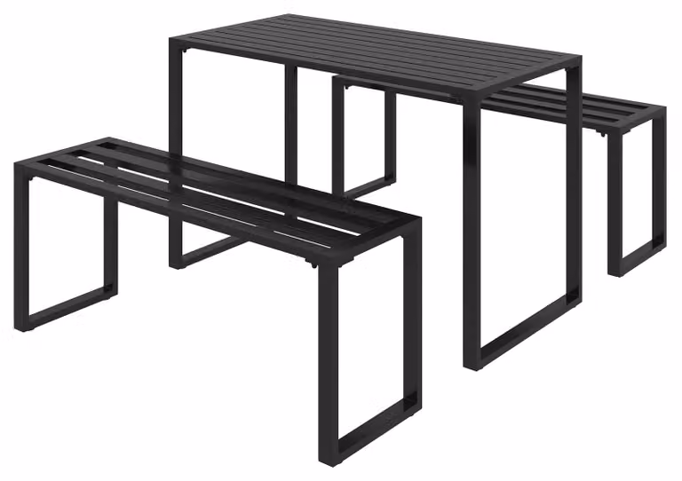 Moonbite Festgarnitur, set da esterno composto da tavolo e 2 panche per 4 persone, resistente alle intemperie. Dimensioni del tavolo: 110 x 55 x 70 cm. Materiale: metallo, colore nero