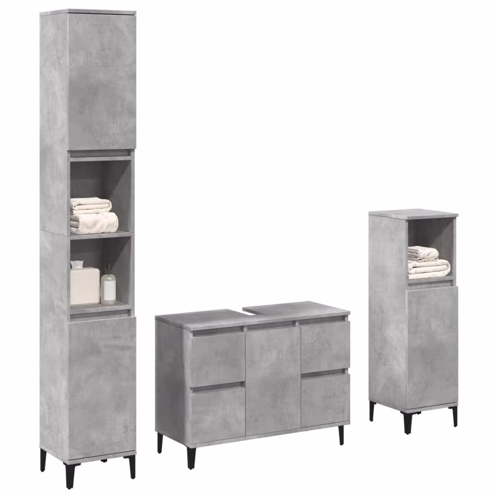 Set di mobili da bagno vidaXL 3 pezzi in legno e metallo grigio con mobile lavabo, colonna alta e mobile laterale