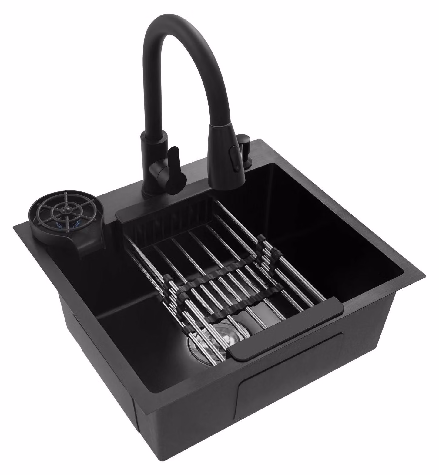 Lavello da cucina - Vasca singola 50x45 cm - Acciaio inossidabile con rivestimento nano-tecnologico - Miscelatore estraibile 40 cm - Con cestello di scarico, portabicchieri e dispenser per sapone - Nero