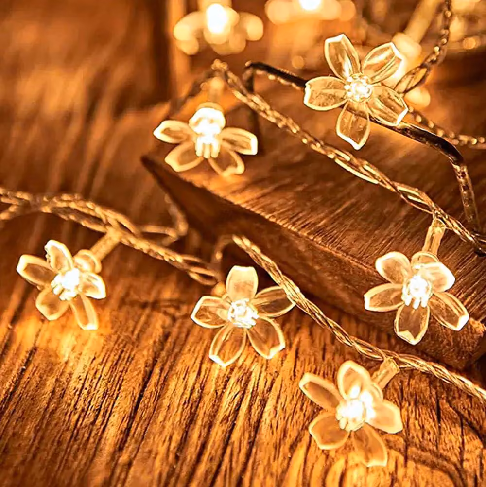 Catena luminosa a forma di fiori, 40 LED, 6 metri, alimentazione USB, luce bianco caldo