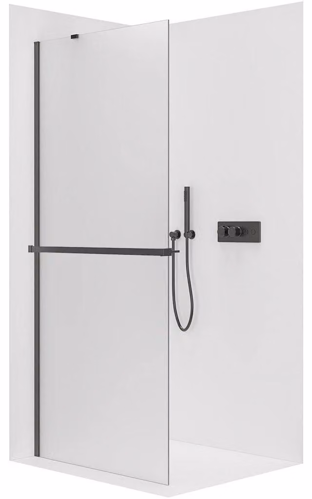 CERANO - Box doccia Walk-in Onyx Y L/P - 8 mm + mensola/portasciugamani - nero opaco, vetro smerigliato - 150x200 cm