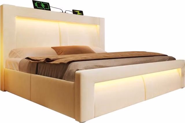 Letto matrimoniale con contenitore 180x200 cm; LED; USB-C; velluto beige