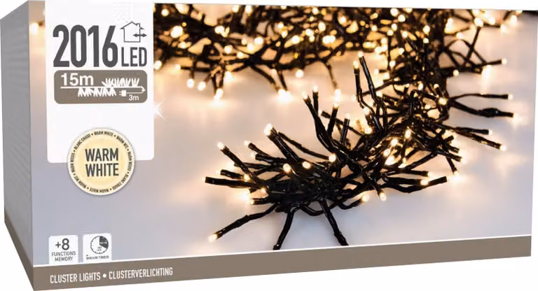 Ciuffo di illuminazione a LED bianco caldo, 2016 LED, cavo nero, interno/esterno, 18 m