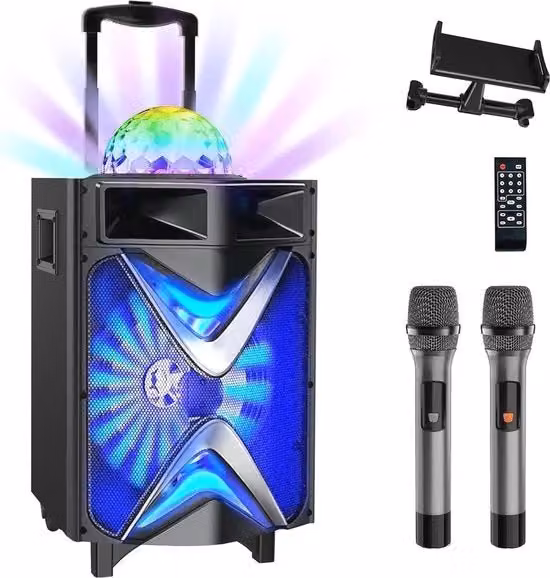 Macchina da Karaoke Portatile con Bluetooth e Microfoni Senza Fili per Feste e Eventi all'Aperto