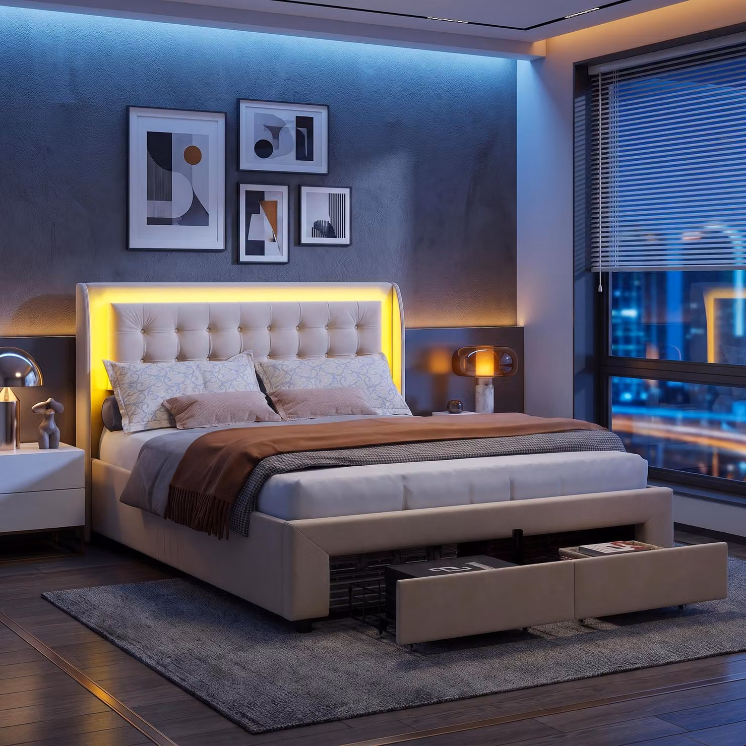 Letto boxspring INONEFT 180x200 cm con LED, letto imbottito con 2 cassetti, letto con contenitore idraulico, base letto con rete a doghe, velluto, beige, senza materasso