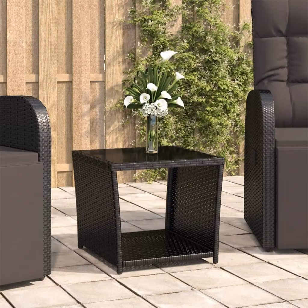 The Living Store Tavolino con piano in vetro in poly rattan nero e vetro temperato