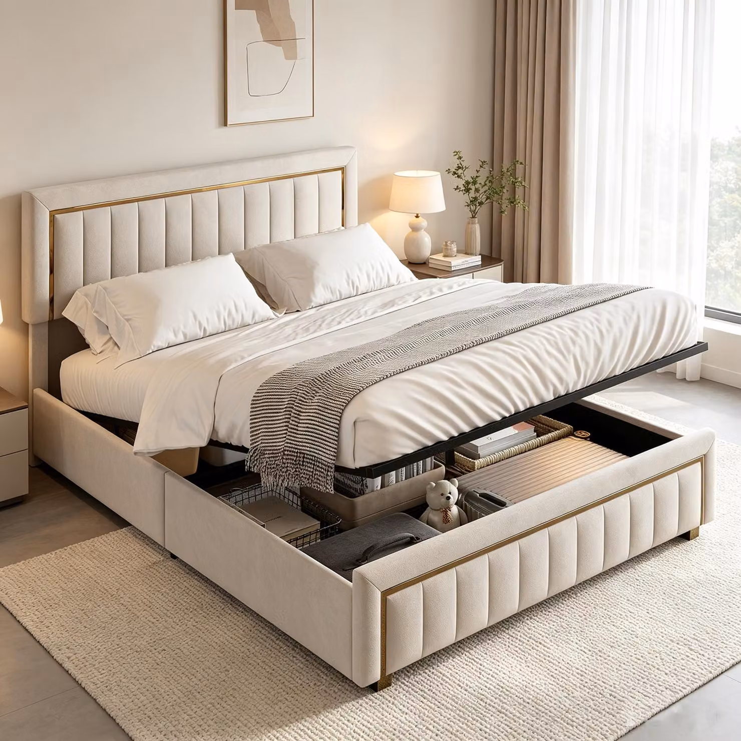 Letto imbottito con boxspring INONEFT, dimensioni 180x200, con spazio contenitore, sistema di sollevamento idraulico, letto matrimoniale con rete a molle, poggiatesta regolabile in altezza, rivestito in velluto, colore beige