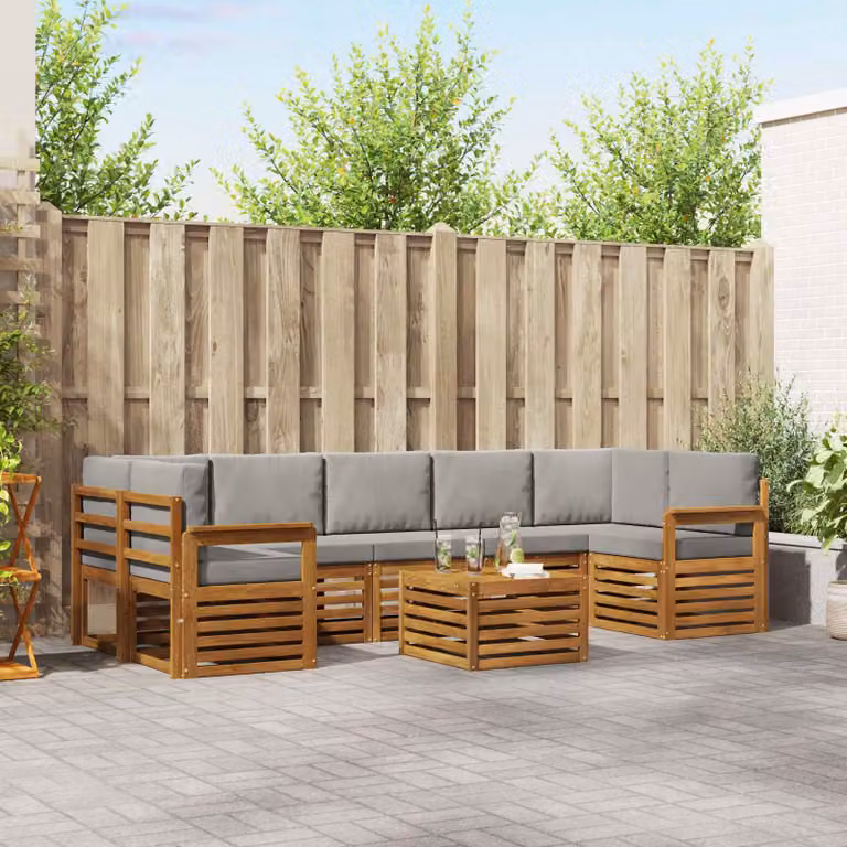 vidaXL Set di divani da esterno a L in legno di acacia con cuscini, 8 pezzi, Grigio e Marrone