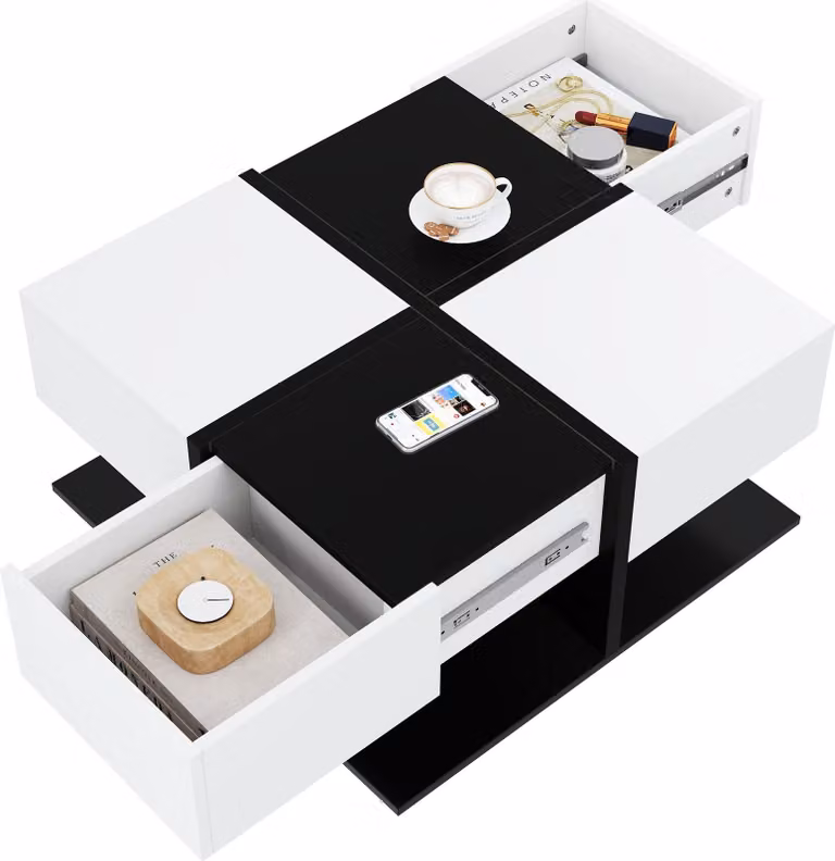 Tavolino moderno Sweiko nero bianco 70×70×35,5 cm con 2 cassetti, tavolino da salotto quadrato con spazio di archiviazione, tavolino lucido con guide lisce per cassetti