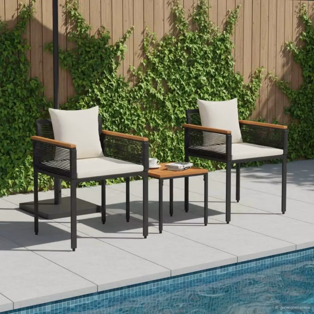 Set di Salotto da Giardino con Poltrone Lounge e Tavolino da Caffè, Struttura in Metallo Nero e Polyrattan con Cuscini Bianchi e Crema – 2