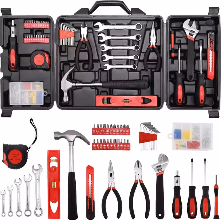 Set di utensili da 147 pezzi - Utensili manuali e chiave a cricchetto - Valigetta porta attrezzi - Per la casa e il garage - Per lavori in legno - Metallo - Rosso