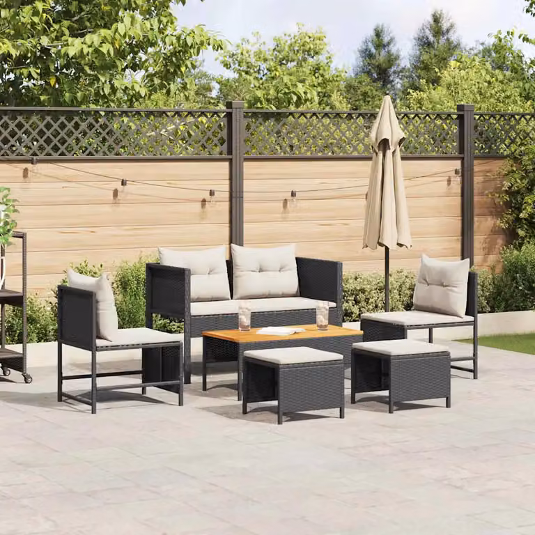 Set Divano da Giardino vidaXL 6 pz in Polyrattan con Cuscini Nero e Beige
