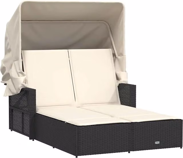 Lettino Prendisole | Sdraio da giardino | Lettino da sole Doppio Baldacchino e Cuscini Nero Polyrattan