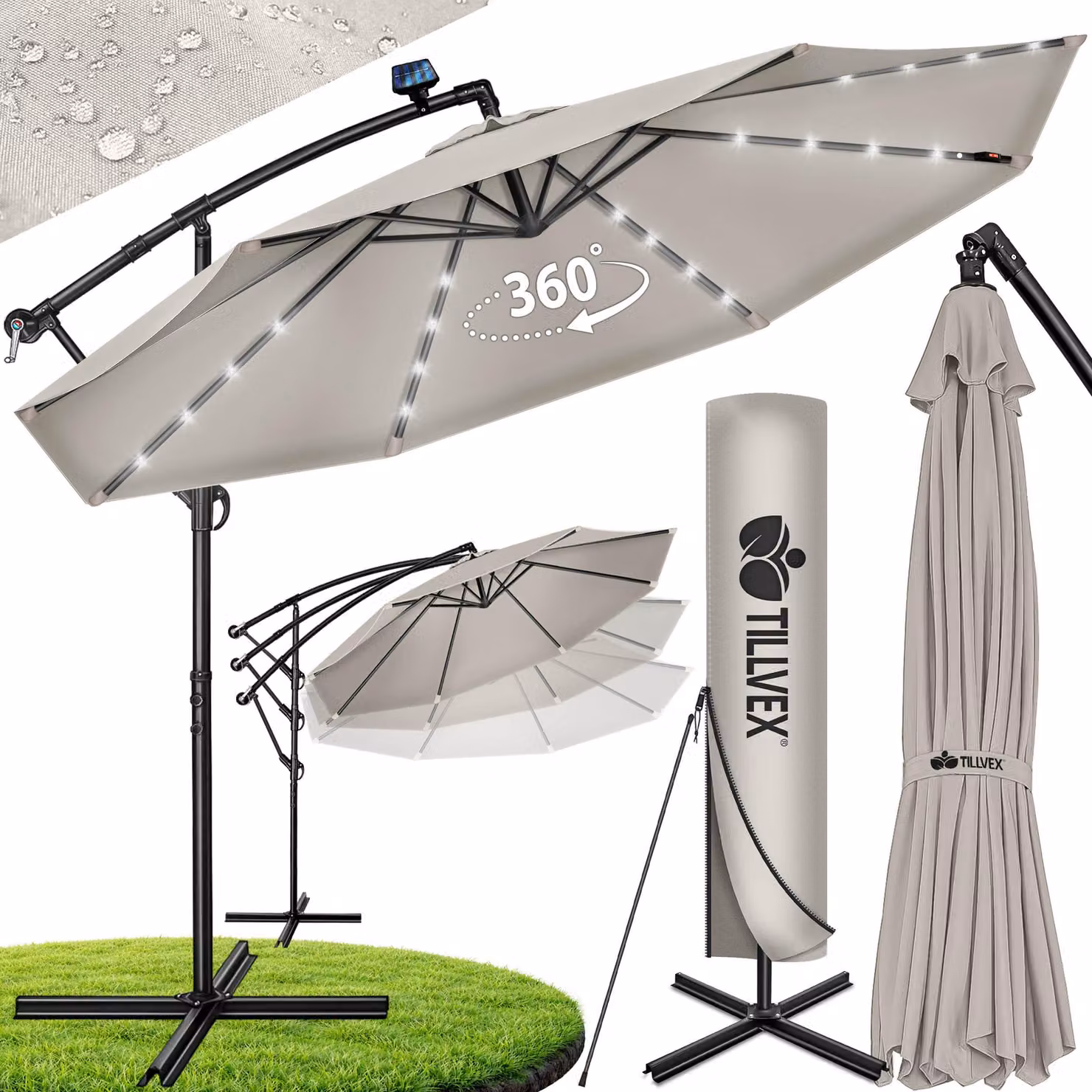 Ombrellone a braccio tillvex in alluminio color taupe, LED, solare, Ø 300 cm con manovella | Ombrellone con interruttore on/off | Ombrellone da giardino in alluminio con protezione UV | Ombrellone a manovella con base, ombrellone da mercato, impermeabile