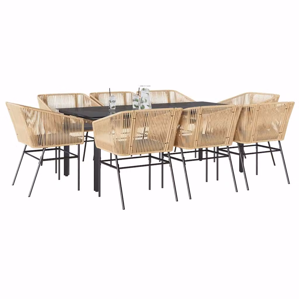 Set da pranzo da giardino vidaXL in polyrattan con tavolo in vetro e 9 cuscini, disponibile in nero, marrone o grigio