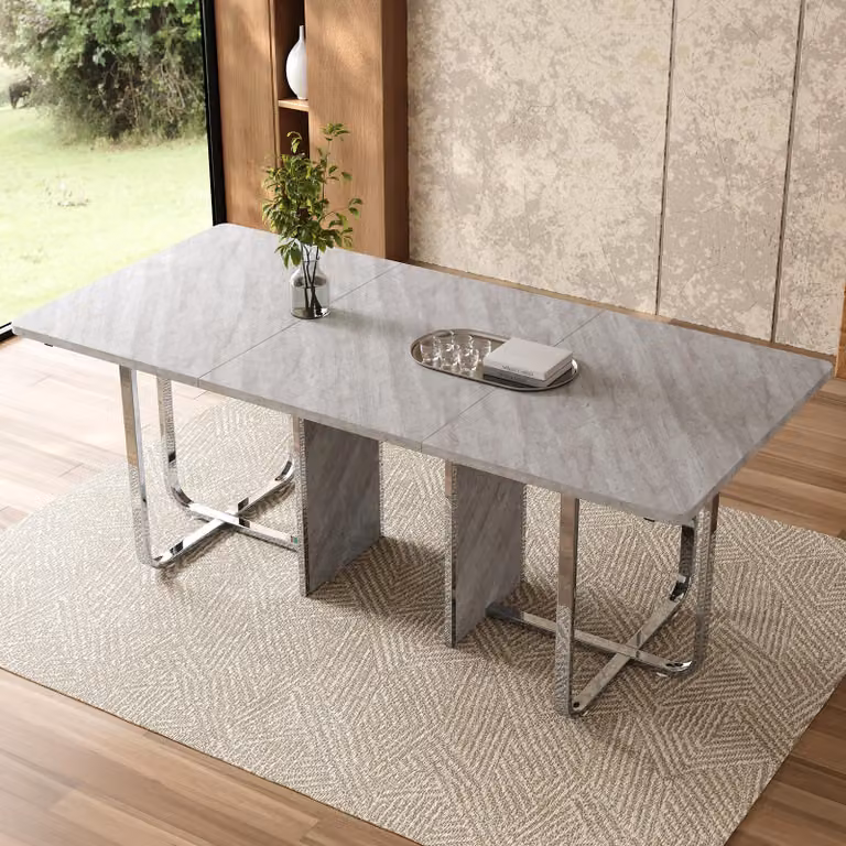 Tavolo da pranzo Sweiko, L180xL80xH75cm, tavolo da pranzo moderno, tavolo da pranzo robusto, gambe in metallo, grande tavolo da pranzo, tavolo da pranzo rettangolare, tavolo da pranzo per 6 persone, tavolo da pranzo moderno semplice, grigio + argento