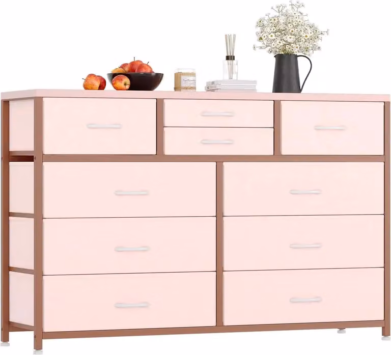 Comò largo - Comò a 10 cassetti - Robusta struttura in metallo - Contenitore per vestiti per camera da letto/corridoio - Design moderno - Rosa
