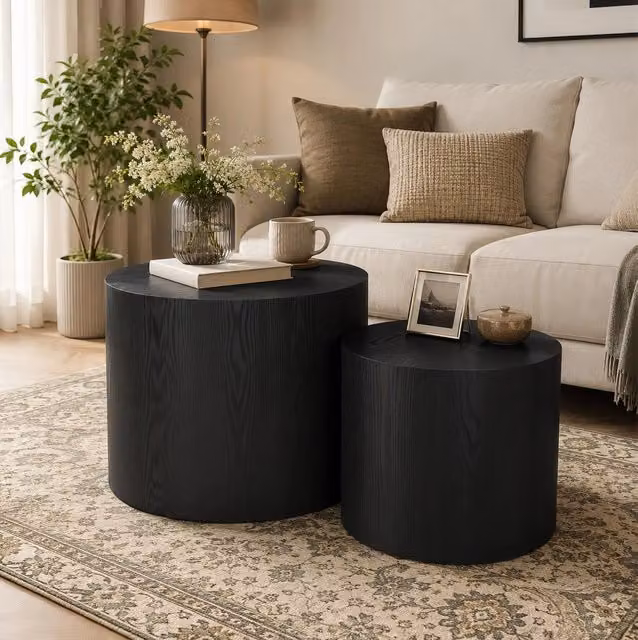 Set di 2 tavolini rotondi 48,5x38,5 cm in MDF nero salvaspazio –