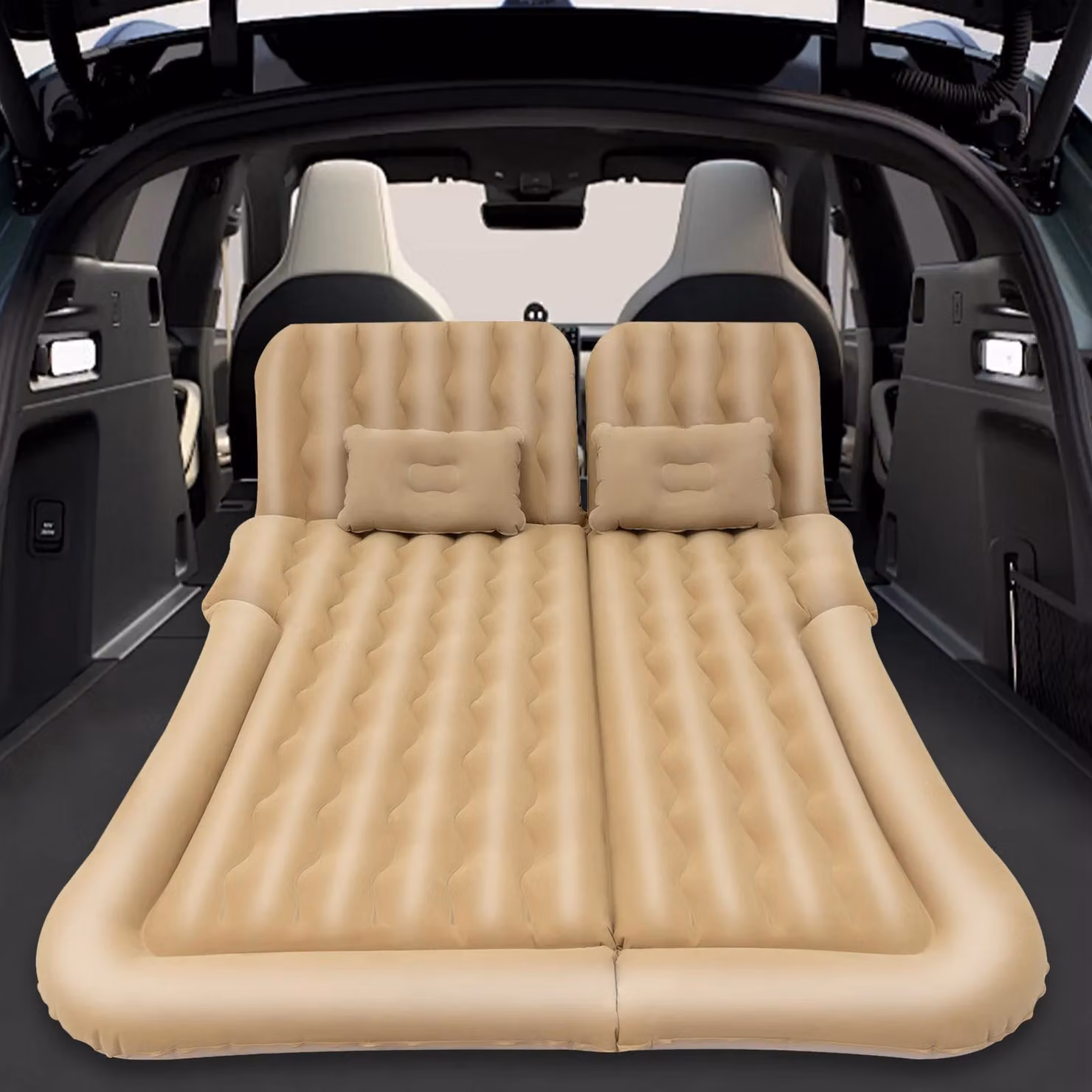 Letto gonfiabile per auto - Materasso gonfiabile per sedile posteriore - Universale per auto/SUV - Materasso da viaggio 2 in 1 - Extra robusto - Con 2 cuscini - Beige