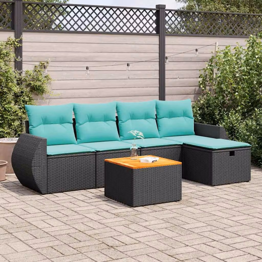 Set Divano da Giardino vidaXL 6 pz a Forma a L con Cuscini, Polyrattan e Struttura in Acciaio Verniciato a Polvere, Nero