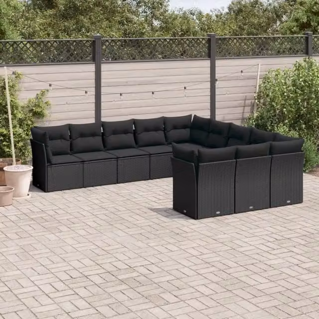 Set di Divani da Giardino Moderno VIDAXL in Polyrattan Nero con Cuscini, Composizione a L da 11 Pezzi – 1