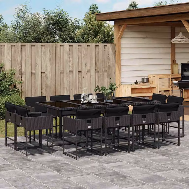 Set da pranzo da giardino vidaXL in polyrattan nero con 13 pezzi e cuscini e piano in vetro