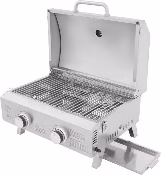Griglia a gas - Argento - 2 bruciatori - Acciaio inossidabile - Ideale per campeggio e picnic - Griglia portatile