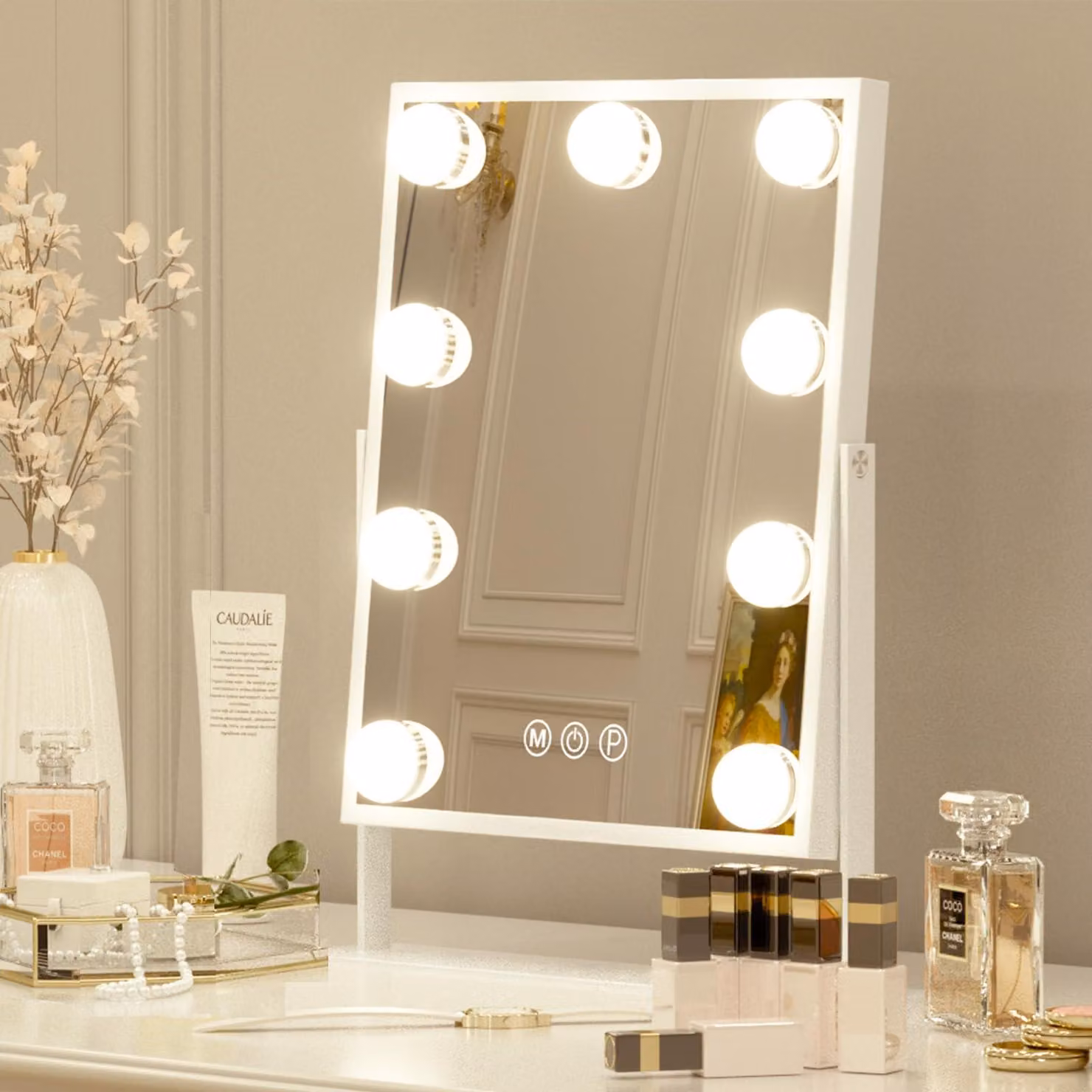 Specchio da trucco con illuminazione a LED, dimensioni 25x30 cm, 3 modalità di illuminazione, controllo touch, ingrandimento 10x