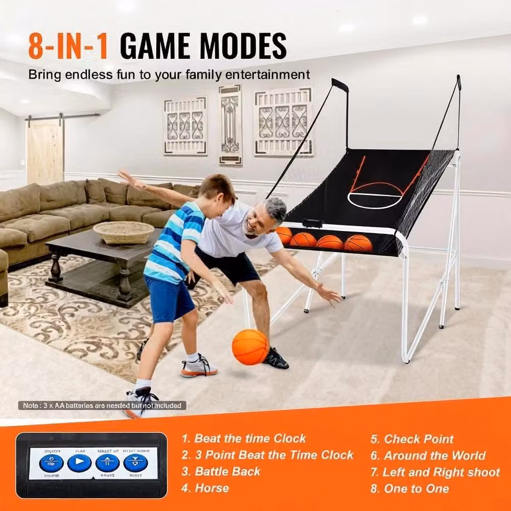 Gioco Arcade Pallacanestro Pieghevole per 2 Persone con 4 Palloni, 8 Modalità e Segnapunti LCD, Bianco e Nero – 2