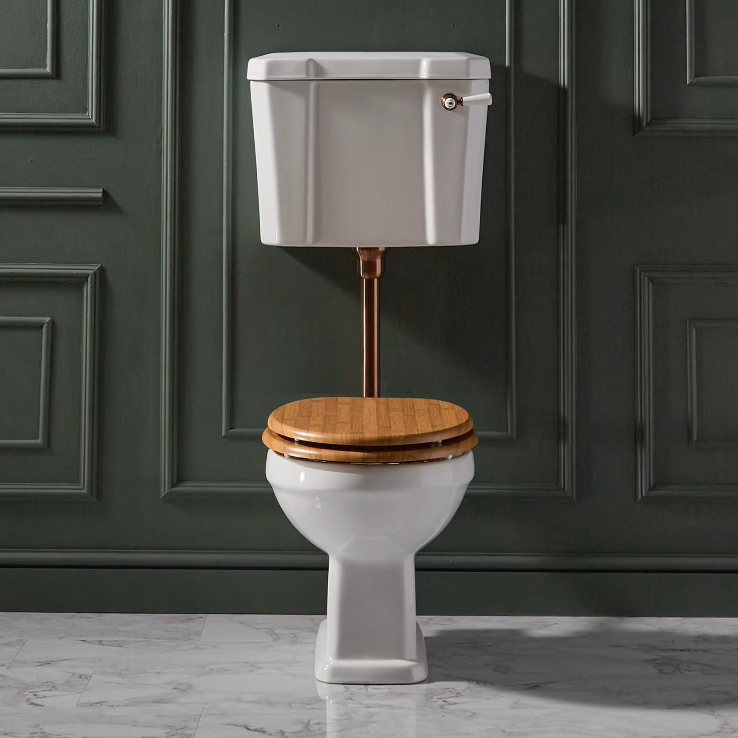 Sanitario WC Tradizionale con Cassetta - Kit di Scarico in Rame Satinato e Copriwater Color Rovere - Richmond