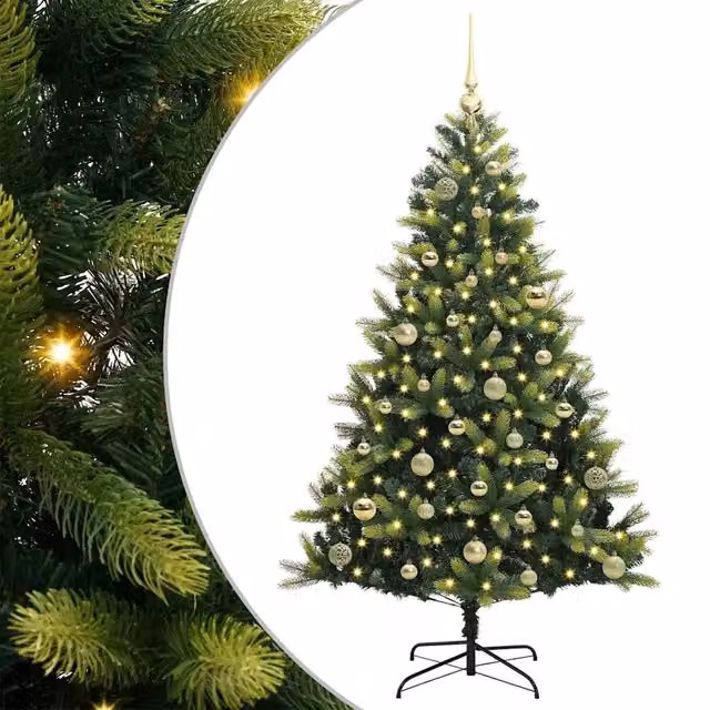 Albero di Natale artificiale pieghevole verde con 150 LED luce bianca calda, altezza 150 cm
