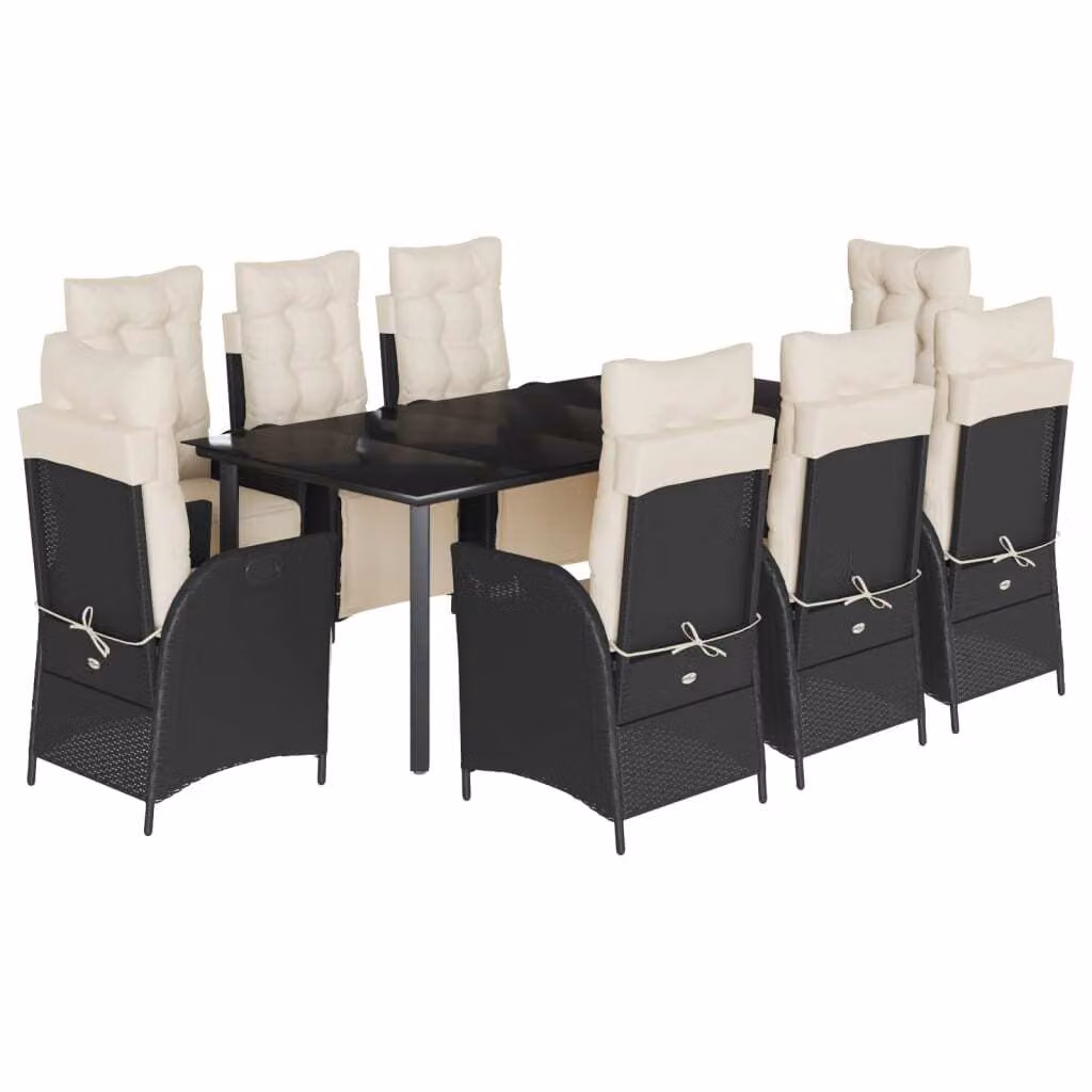 Set da Pranzo da Giardino 9 pz con Cuscini Nero in Polyrattan