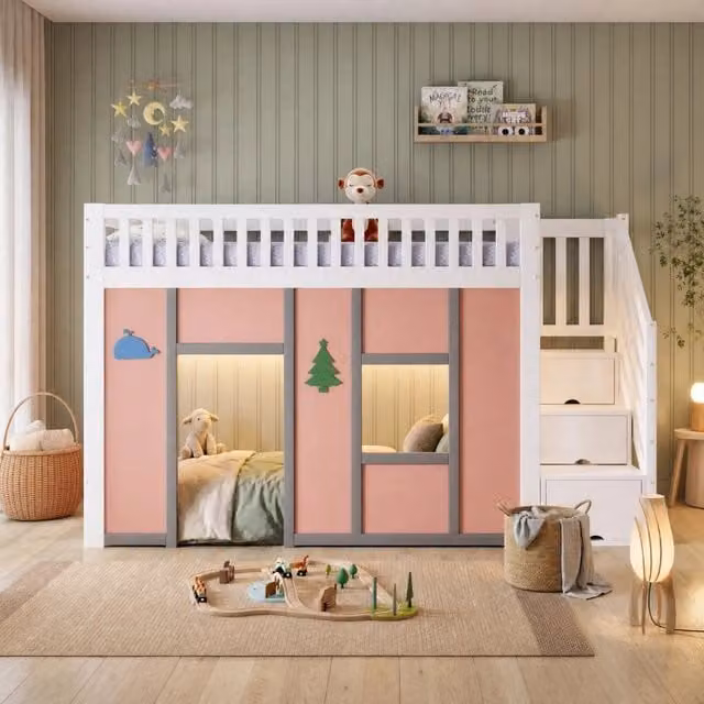 Letto a soppalco Mivray per bambini con scala contenitore, area gioco, illuminazione LED e barriera, bianco e rosa, L/P/H: 200 x 90 x 142 cm